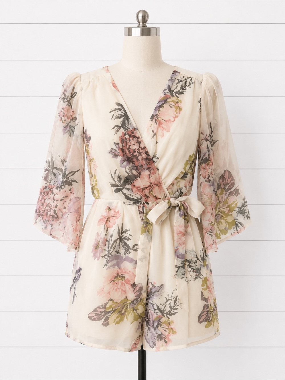 bailey blue Cream Floral Romper with Tie Waist